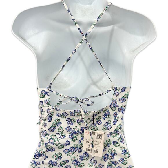 Zara White Blue Green Floral Cross Strap Front Slit Midi Dress size XS NEW Tags - Picture 6 of 13